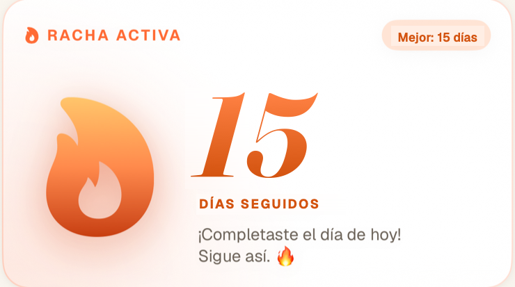 Tarjeta de racha activa de Peluditoos App: 15 días seguidos, misiones del día completas